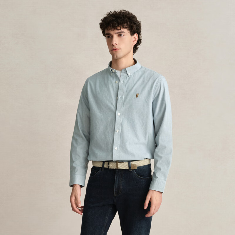 POLOWALK男装新品秋冬条纹简约时尚百搭舒适长袖衬衫 浅绿 M