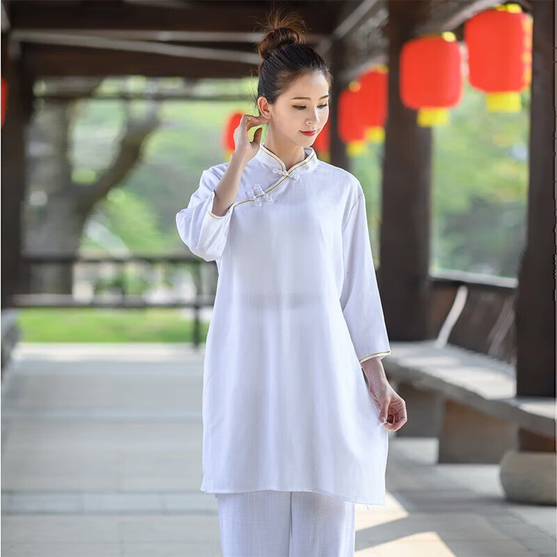柏齡（BL）（B）柏齡太極服棉麻錦練功服顯年輕女表演服武術(shù)服上衣夏季清涼 白色上衣 XXS