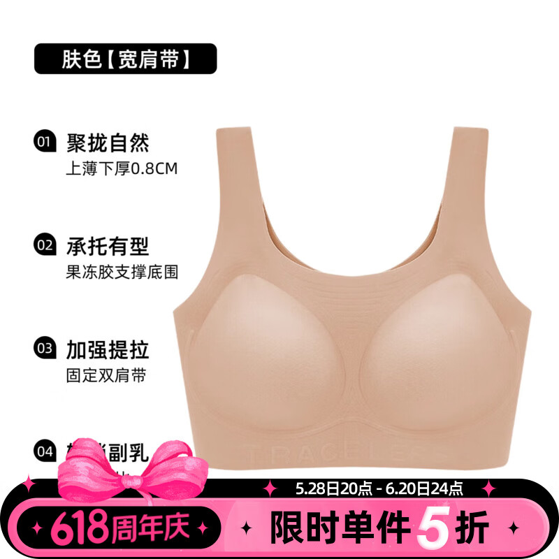 六只兔子粉底液无痕内衣女小胸聚拢无钢圈果冻条软支撑收副乳文胸 肤色 【宽肩带】 M 纤细版 =70-80ABC