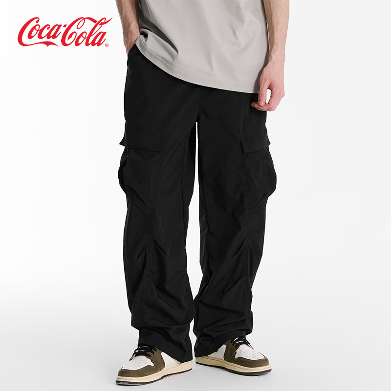 可口可乐（Coca-Cola）工装裤男户外立体多口袋水洗打褶休闲裤 黑色 常规 XL