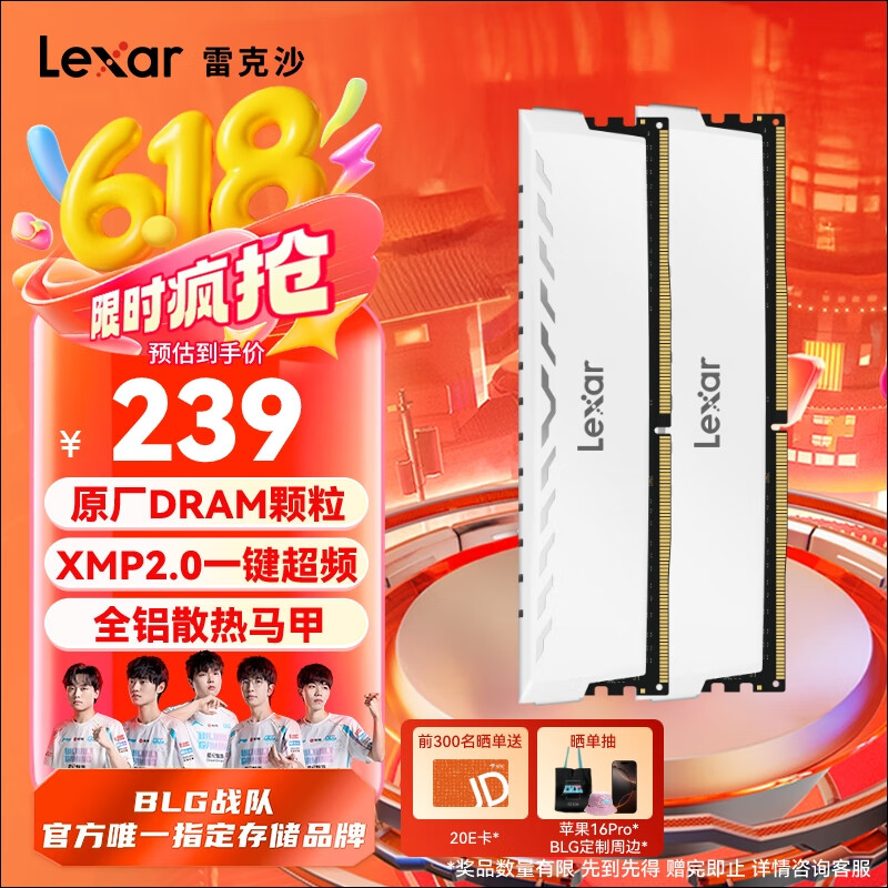 雷克沙（Lexar）DDR4 3600 16GB(8GB×2)套条 电竞马甲条台式内存条 CL18 Thor雷神铠 皓月白 