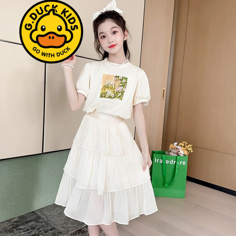 G.duck品牌童装女童夏装套装新款儿童夏季短袖半身裙两件套女孩洋气衣服 DMX028 上衣配绿色裙子 170