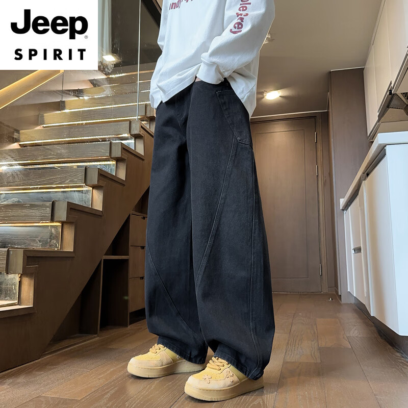 JEEP SPIRIT工装弯刀牛仔裤男款春秋季美式2025新款男生宽松直筒阔腿男士长裤 黑色（夏季薄*款） M 90斤至110斤可穿
