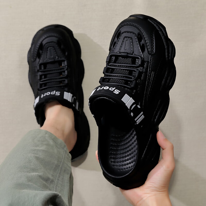 貓力踩屎感洞洞鞋男士夏季外穿eva厚底透氣涼鞋沙灘運動開車包頭拖鞋 黑色 42 -43正碼（內(nèi)長265mm）