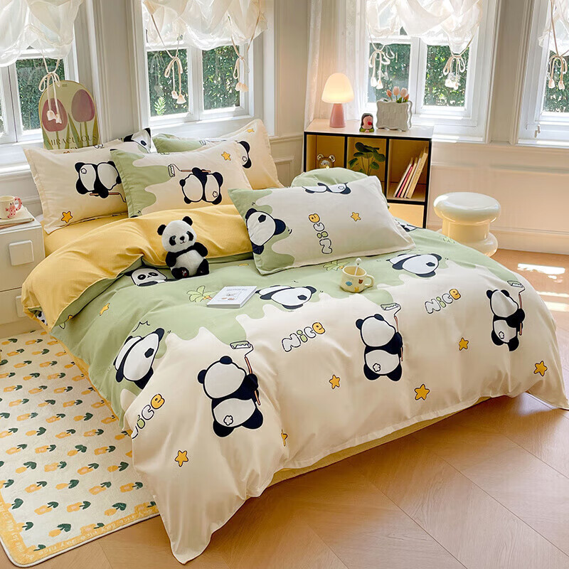 软贝小清新四件套 透气亲肤印花卡通简约田园风被套床单款套件 活力熊 2.0m 床单款 四件套（被套200*230cm）