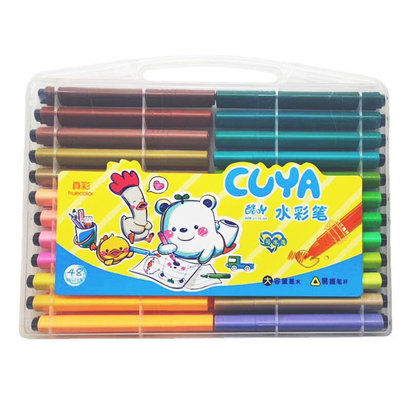 真彩（TRUECOLOR）可洗水彩筆三角桿大容量盒裝兒童畫筆 48色