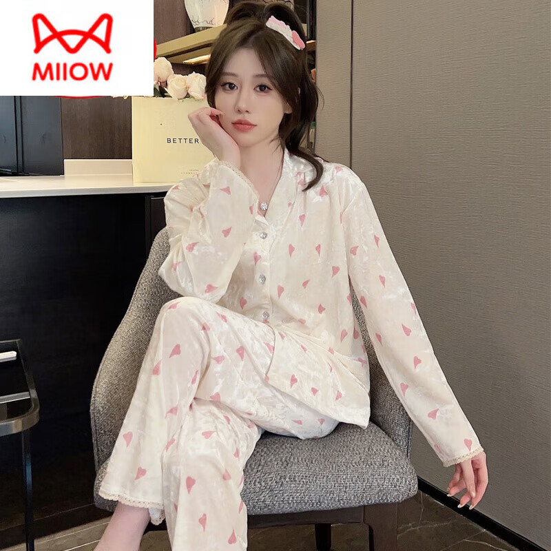 猫人（MiiOW）秋冬季长袖金丝绒睡衣女2026年新款可爱印花钻石绒家居服ins套装 HH-8906#爱心套装绒 M
