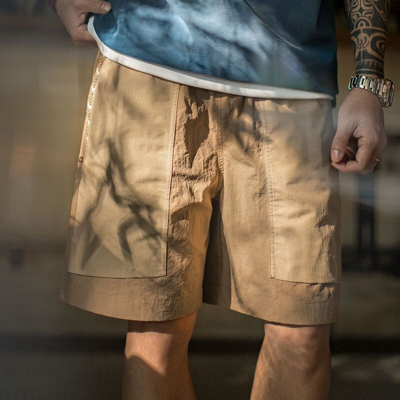 马登工装山系速干卡其色短裤大口袋梭织直筒薄款沙滩五分裤男夏季 卡其色 L