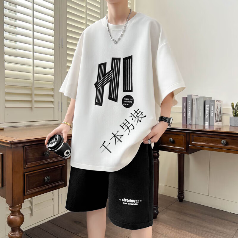 奧計(aoji)13-15-18初中生高中生男生穿的青少年夏季運動套裝12-歲男孩衣服 TZ-917白黑色 M 80-100斤