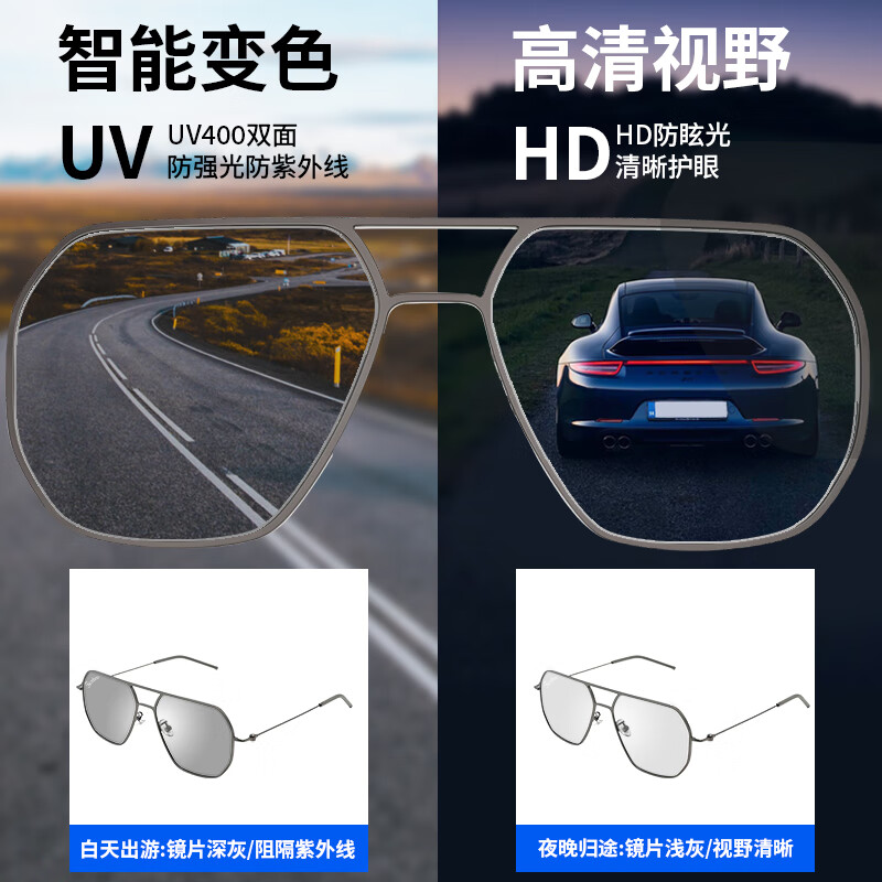 特瞳话偏光变色飞行员双梁太阳镜日夜两用防眩光开车钓鱼驾驶眼镜 偏光变色镜【日夜可戴】枪灰色框