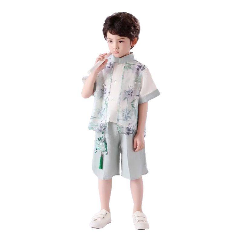 羅蒙漢服男童夏季款兒童新中式國風(fēng)套裝古風(fēng)唐裝畢業(yè)演出服 淺綠色130