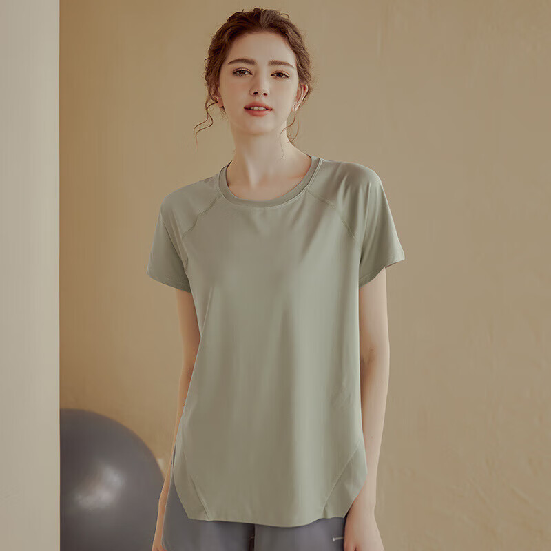 LULULOMDDW2025新款寬松瑜伽服女運動短袖T恤跑步罩衫速干透氣健身服上衣女 綠色 L 均(建議120-135斤)