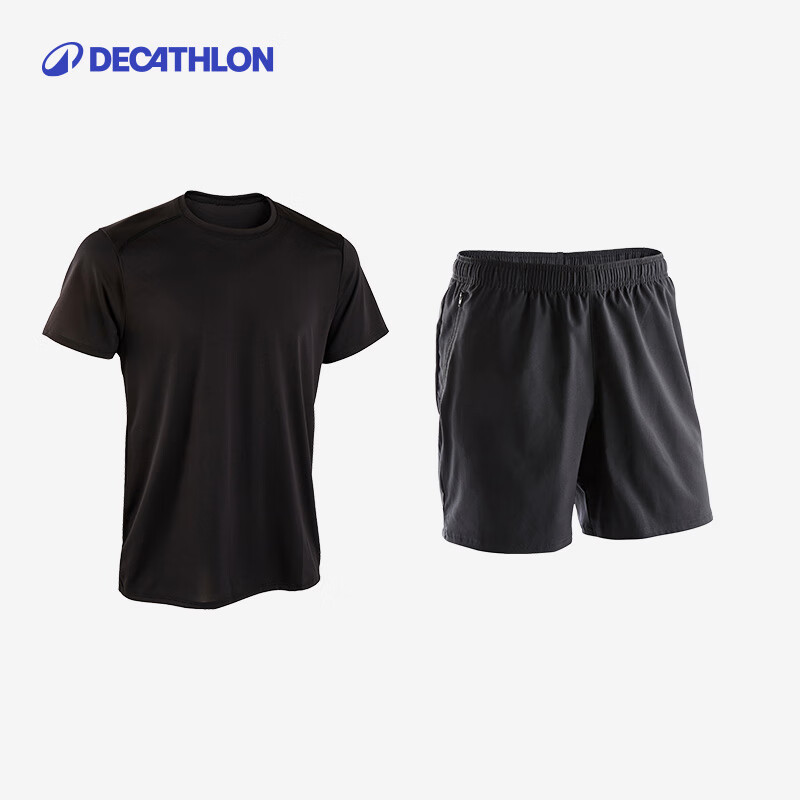 迪卡儂（DECATHLON）跑步運(yùn)動(dòng)套裝男裝夏健身寬松休閑速干t恤短褲運(yùn)動(dòng)服SAX4 經(jīng)典黑短袖+百搭黑短褲 XL