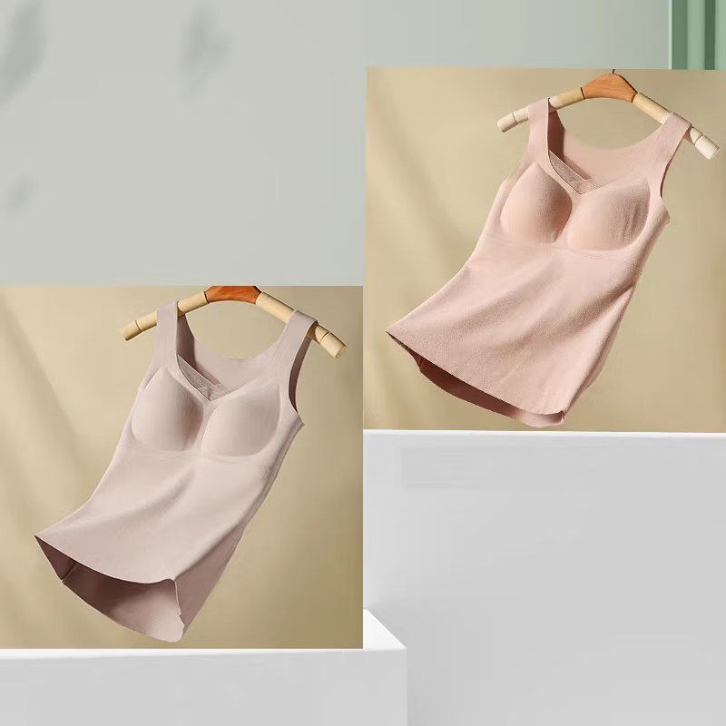 蝶安芬无痕保暖背心女打底秋季加绒加厚内搭带胸垫一体式发热内衣 【加厚·免穿文胸】卡其灰+燕麦肤 M （34/75 ABC）