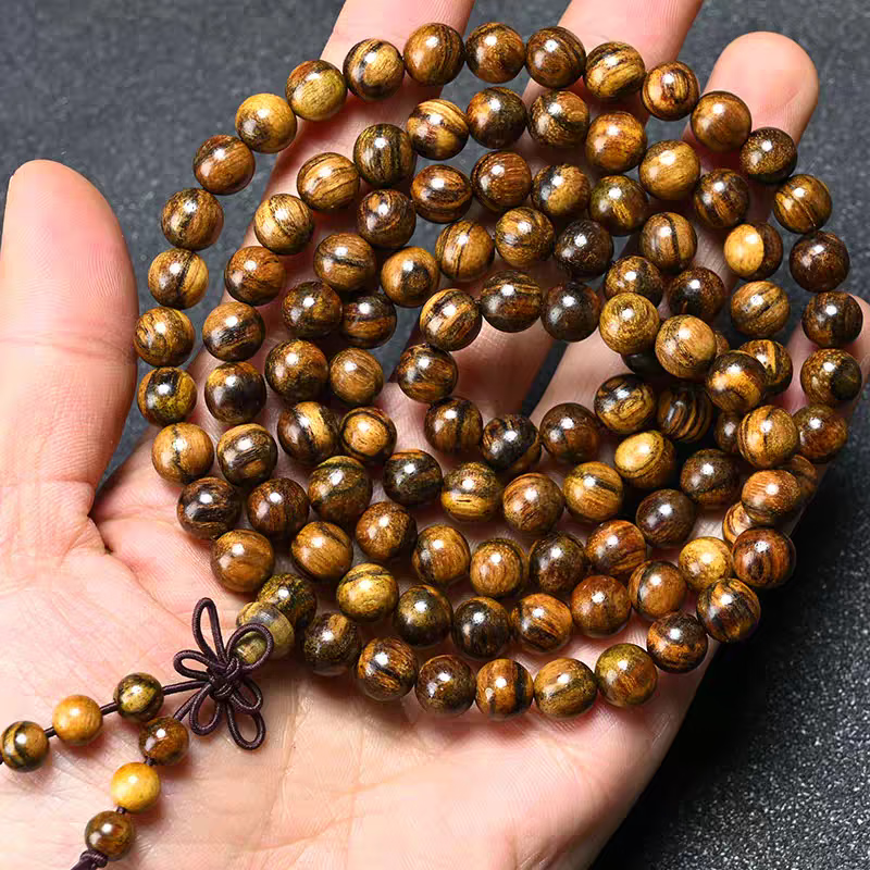 古珍 印尼花奇楠木108颗虎斑纹佛珠手串精工小孔男女同款香味浓郁礼送
