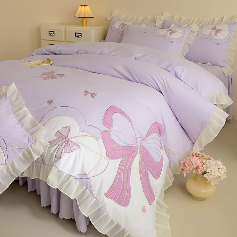 诸禄儿童磨毛床裙款四件套女孩亲肤贴布绣蝴蝶结被套单人女童2025新款 浪漫告白-紫 床单款 2.0m床单四件套被套220*2