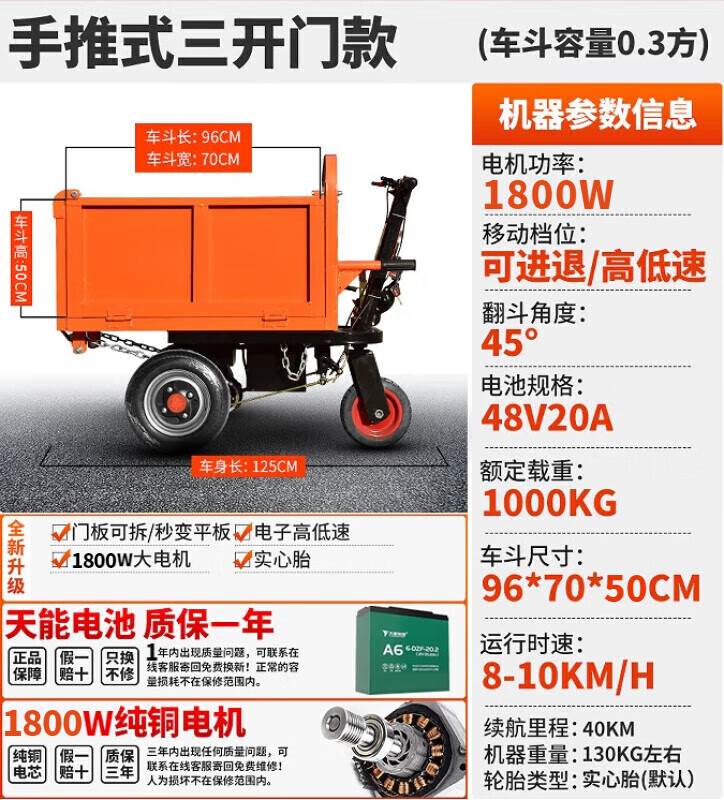 胜鑫惠饲料车建筑工地三轮车电动手推车拉砂浆灰拉沙进料灰斗车自卸农用 电动三开门70宽
