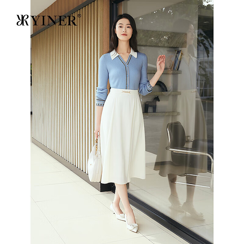 YINER音儿专选2025年春季【费尔岛纹】撞色POLO领真丝羊毛针织衫 浅蓝 XL 42