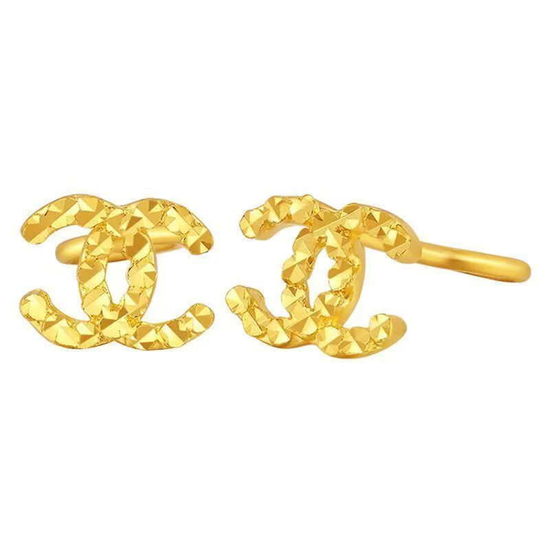 夕迎正七夕新款黄金色双c耳钉耳环18k彩金耳饰四叶草耳环送女朋友 双c直针耳钉 S