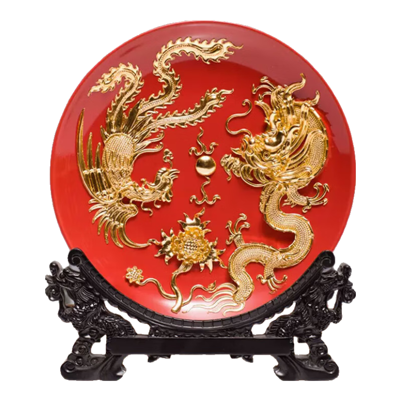 兆宸中國(guó)特色禮品送老外中國(guó)風(fēng)北京特色禮品漆線雕盤(pán)10寸擺件工藝禮品 龍鳳呈祥新款紅盤(pán)10寸（25cm）
