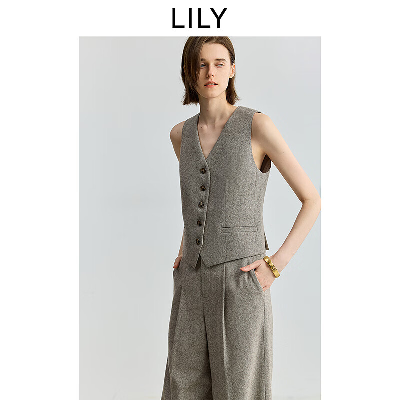 LILY2025秋新款女装羊毛混纺老钱风V领休闲气质通勤无袖西装马甲 714灰卡其 L