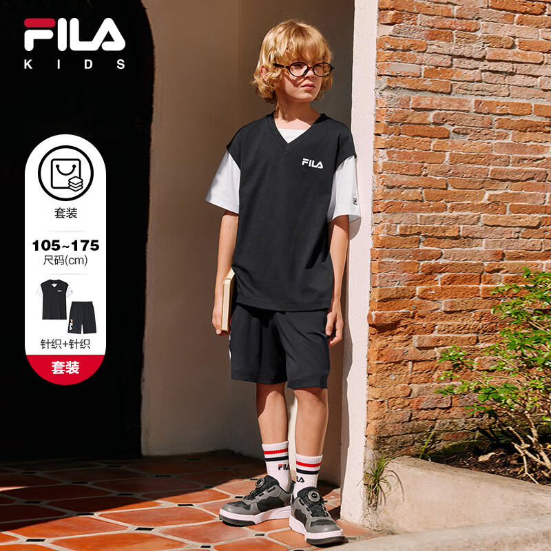 FILA【套装】斐乐童装儿童短袖T恤短裤2025夏季新款学院风两件套 传奇蓝-NV 120