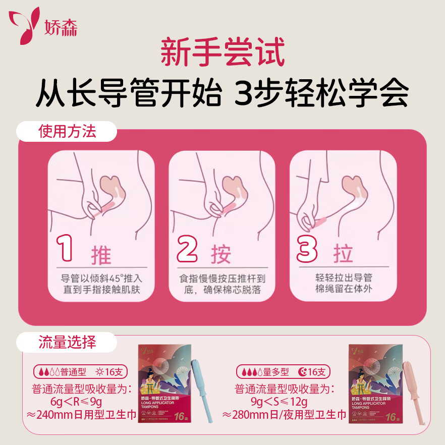 娇森卫生棉条导管式试用装月经棉条内置卫生巾防漏游泳隐形 普通32支+大流量32支