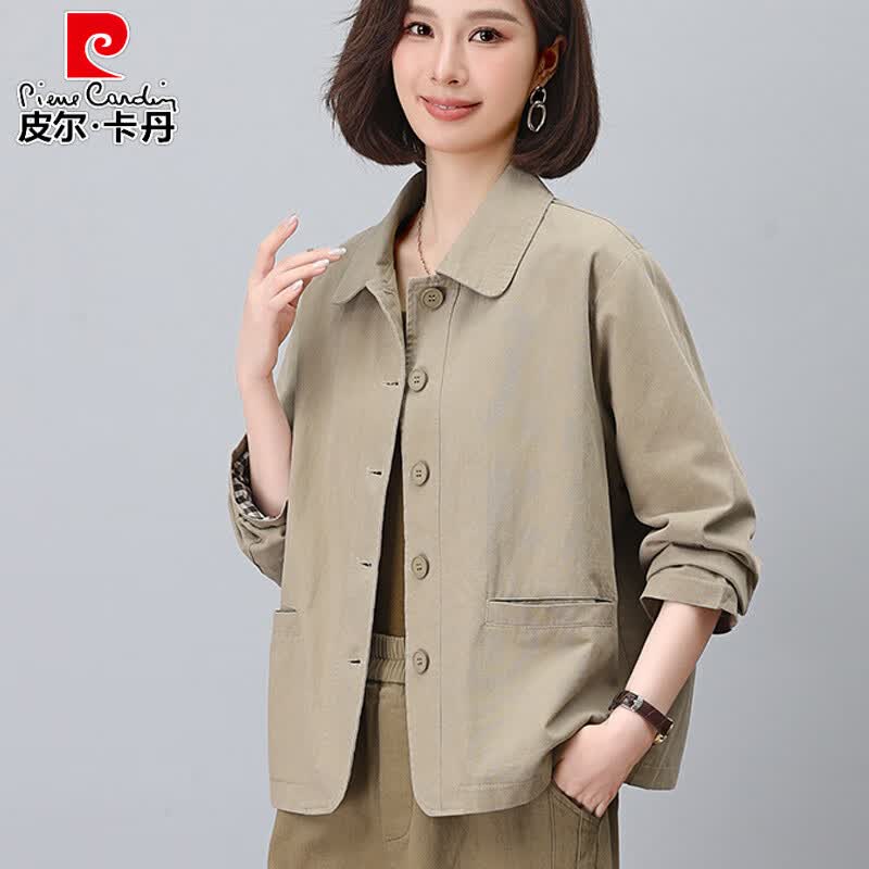皮尔卡丹纯棉短外套春秋新款大码女休闲翻领上衣小个子中年妈妈装洋气夹克 卡其色 XL 建议135-150斤左右