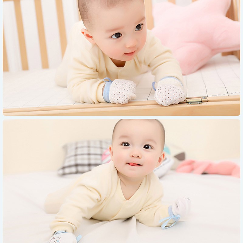 小猪球球 婴儿手套防抓透气抽绳防吃手指脸棉新生儿婴幼儿宝宝护手套 冰丝手套(蓝色+粉色)