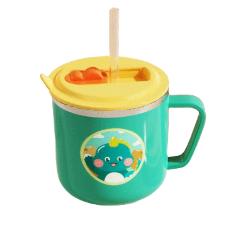 葆氏儿童水杯吸管杯宝宝牛奶杯316不锈钢家用喝水学饮杯子 小恐龙绿色