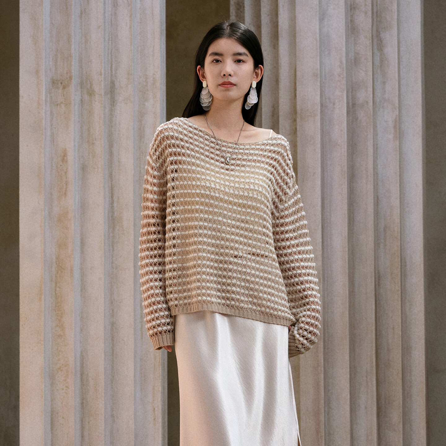 阿依莲针织衫女高端秋季2025新款时尚女装休闲百搭撞色毛衣宽松显瘦上衣 杏仁卡其 S
