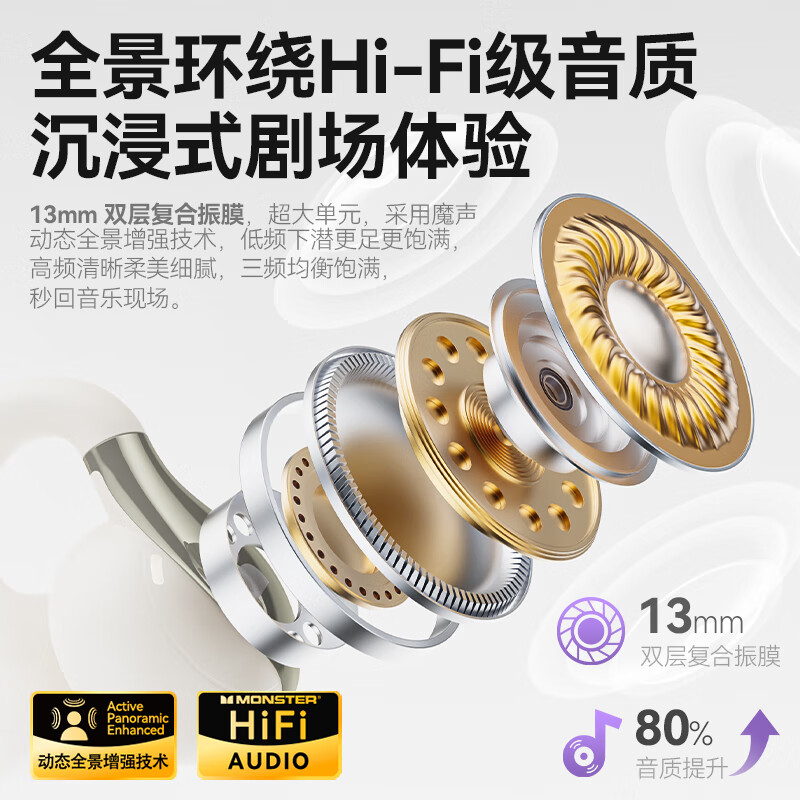 魔声（Monster）【新品】Open Ear AC225蓝牙耳机耳夹式蓝牙6.0开放式耳机跑步运动耳机通话降噪夹耳通用 黑色【限定花瓣设计+30h续航】