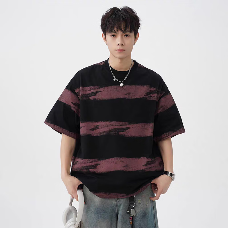 顶峰保罗（Dingfengbaoluo）纯棉短袖男夏季宽松条纹美式重磅休闲T恤HL64黑紫色XL