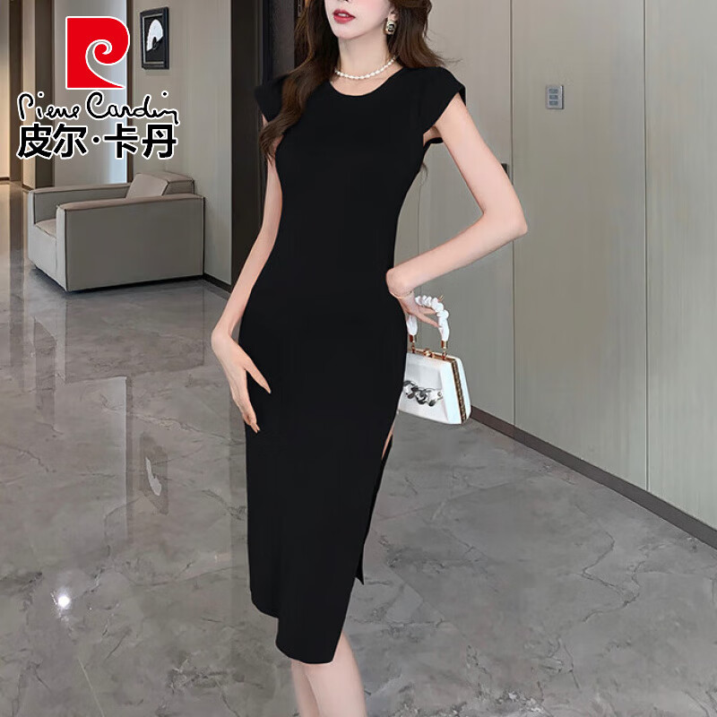 皮爾卡丹2025夏季日韓版女裝圓領(lǐng)小飛袖修身毛衣裙開叉包臂針織連衣裙女 黑色 S