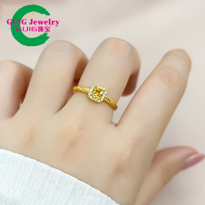 GUIG【精品】金包银黄金手镯小方糖戒指女金999包銀实心小众轻 金黄小方糖戒指 999金包銀 开口可调节