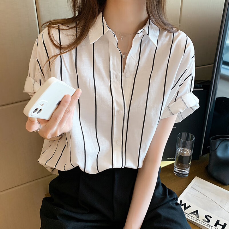 潮梦城短袖衬衫女条纹衬衫女夏季2025年新款港风胖MM大码衬衣休闲宽松短 白色 S  80-90斤