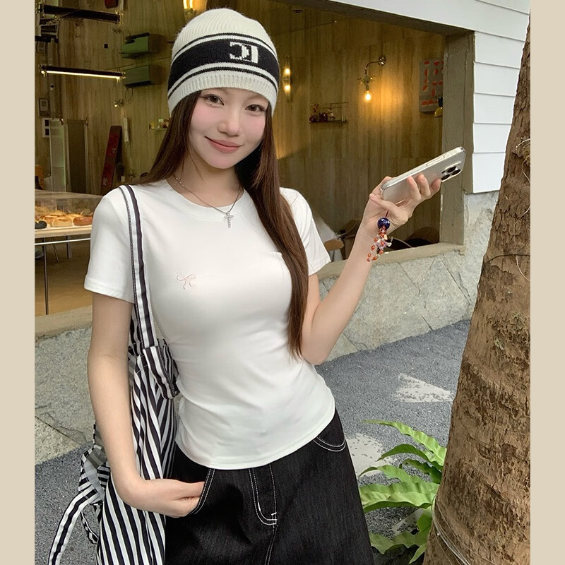 帅西欧蝴蝶结纯欲圆领修身显瘦T恤弹力短袖正肩上衣2025夏新款 灰色 L