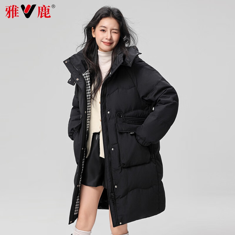 雅鹿羽绒服女中长款2025冬季新款时尚韩版宽松连帽加厚保暖女士外套 黑色 M (160)