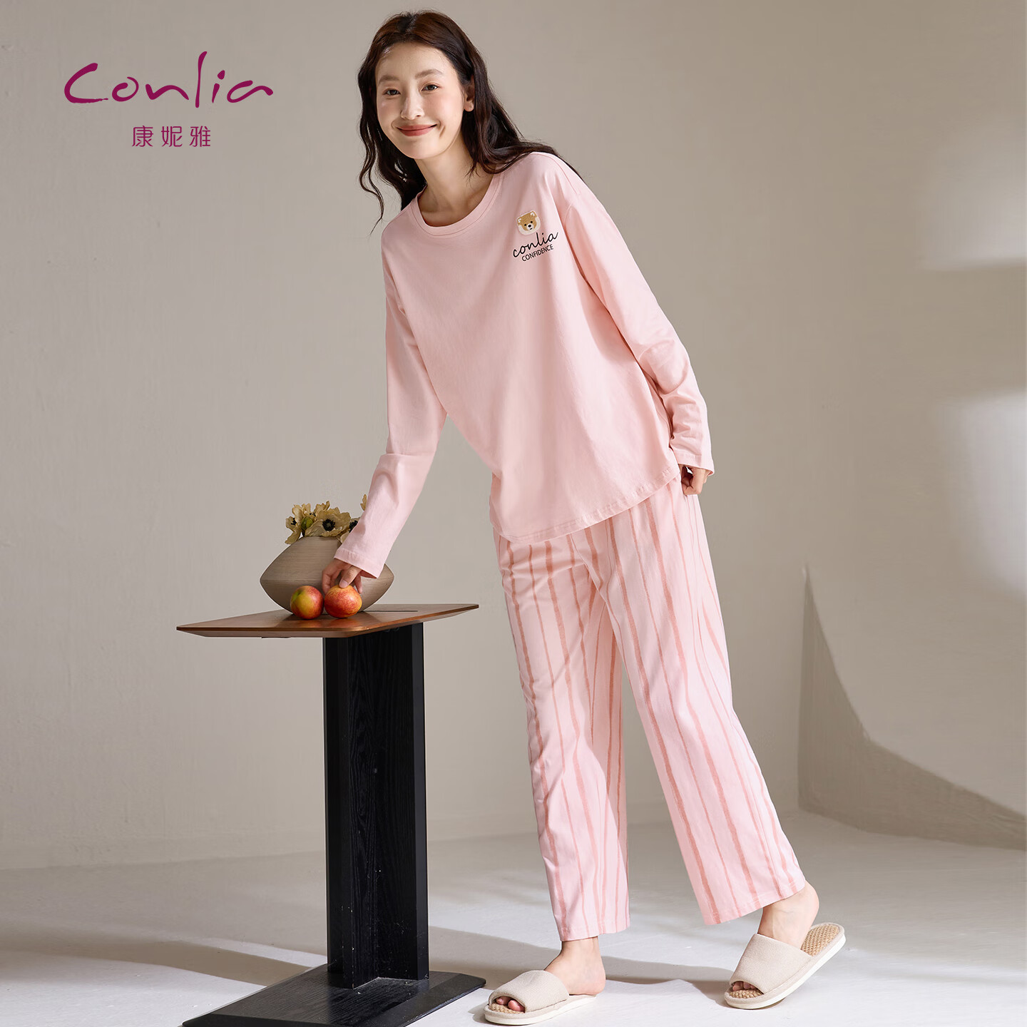 康妮雅純棉長(zhǎng)袖長(zhǎng)褲卡通女睡衣套裝休閑可外穿2025年新款圓領(lǐng)全棉家居服 淺粉 L