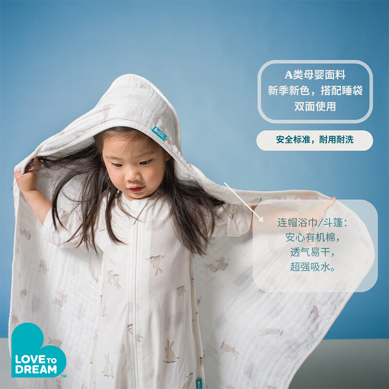 LOVE TO dream新生婴儿包巾包单包被宝宝抱被浴巾超软吸水毛巾80*80cm 澳洲云兔连帽浴巾80*80cm