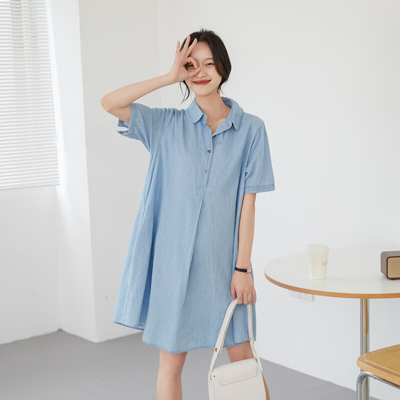 十月媽咪孕婦連衣裙夏季薄款外穿寬松暗紋A擺可哺乳襯衫裙夏裝 淺藍(lán)色 均碼