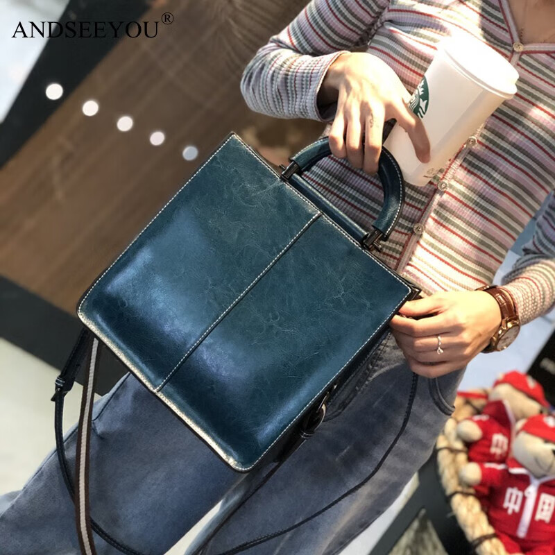 ANDSEEYOU品牌 包包女包 新款潮真皮時尚大包托特包女百搭洋氣流行斜挎手提 孔雀藍