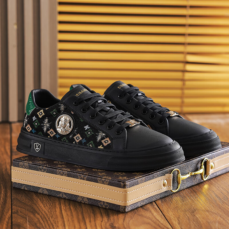 杜莎米娅夏季男鞋潮流新款透气小白鞋重工刺绣手工男士休闲鞋低帮防滑板鞋 黑色 44