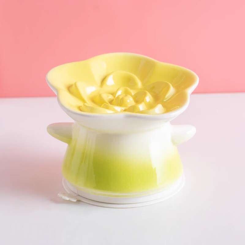 HELLOLEIBOO徠本寵物慢食碗防噎緩食陶瓷貓碗中小型犬狗食盆防打翻高腳貓碗 花朵慢食碗-黃色(小爪防滑墊)