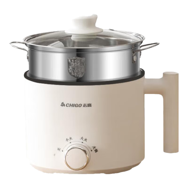 志高宿舍学生电煮锅煮面多功能一体不粘锅家用小型电炒锅小型 机械旋钮款H带塑料蒸笼