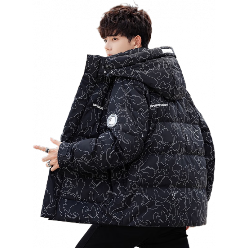 鸭鸭（YAYA）羽绒服男士短款冬季新款时尚休闲迷彩面包服连帽青年加厚防寒外套 黑迷彩 L (建议130-150斤)