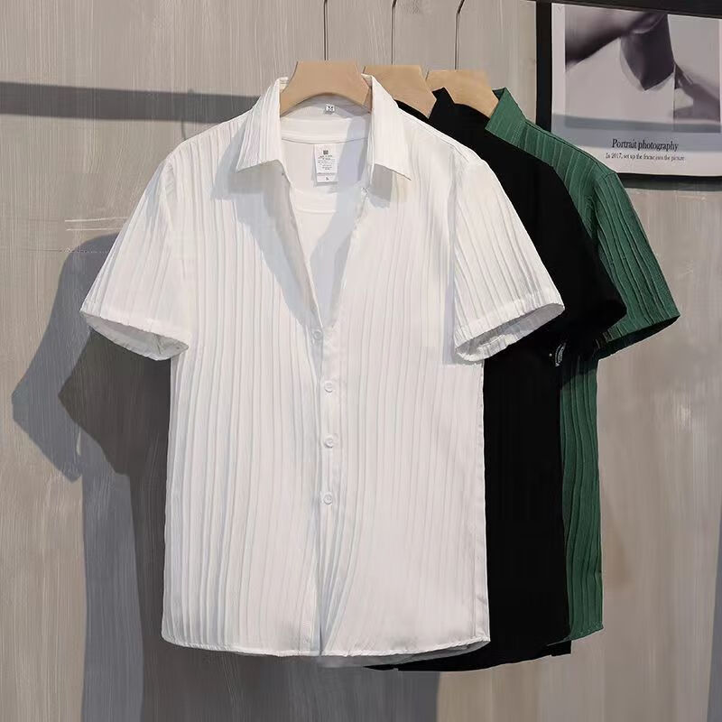 【严选】夏季薄款透气短袖衬衫男士条纹三分袖潮流痞帅白衬衣免烫 白色5 4XL 推荐165-180斤