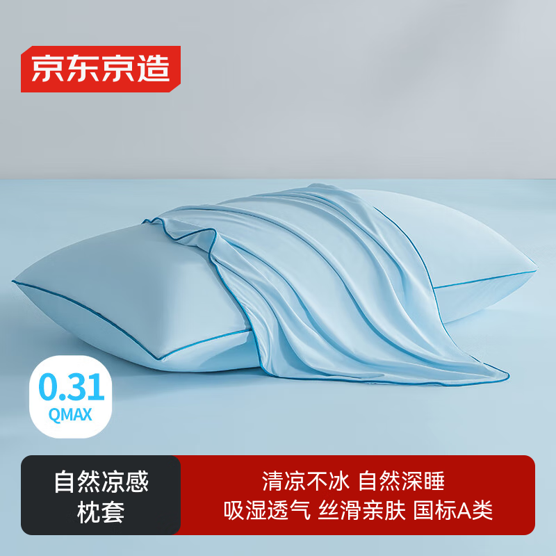 京东京造 冰丝枕套A类可水洗凉感夏季清凉枕头套枕芯套透气裸感 蓝色单只