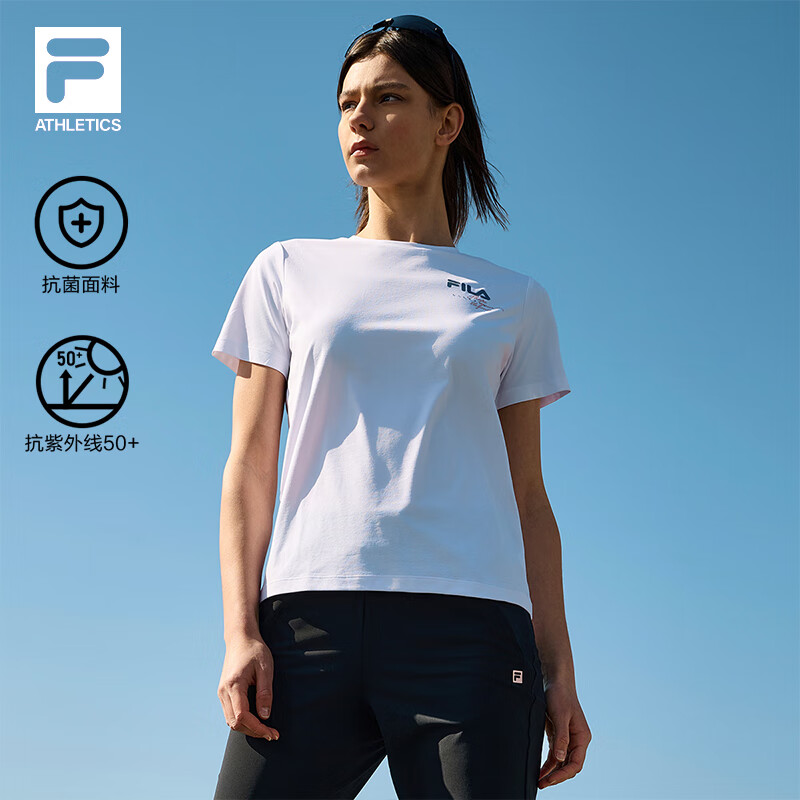 FILA 斐樂官方女子針織短袖衫2025夏新款健身運動簡約基礎防曬功能T恤 玉石白-WT M 165/84A/M
