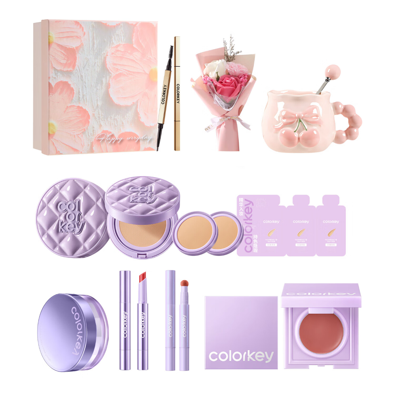 Color Key珂拉琪 全套彩妆礼盒12件套 鱼子酱气垫替换装小金筷眉笔散粉 彩妆12件套装